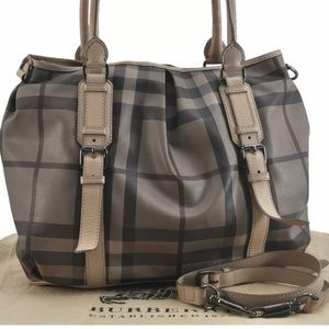 Authentic BURBERRY Check PVC Leather 2Way Shoulder Hand Bag Brown Khaki